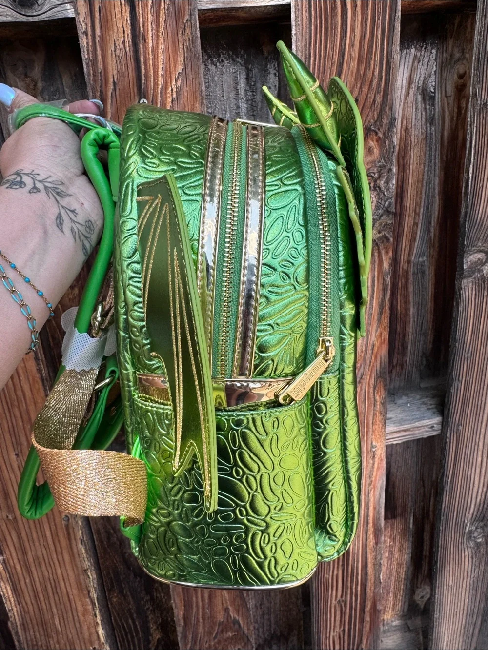 Loungefly Metallic Green Dragon Mini Backpack with Gold Accents